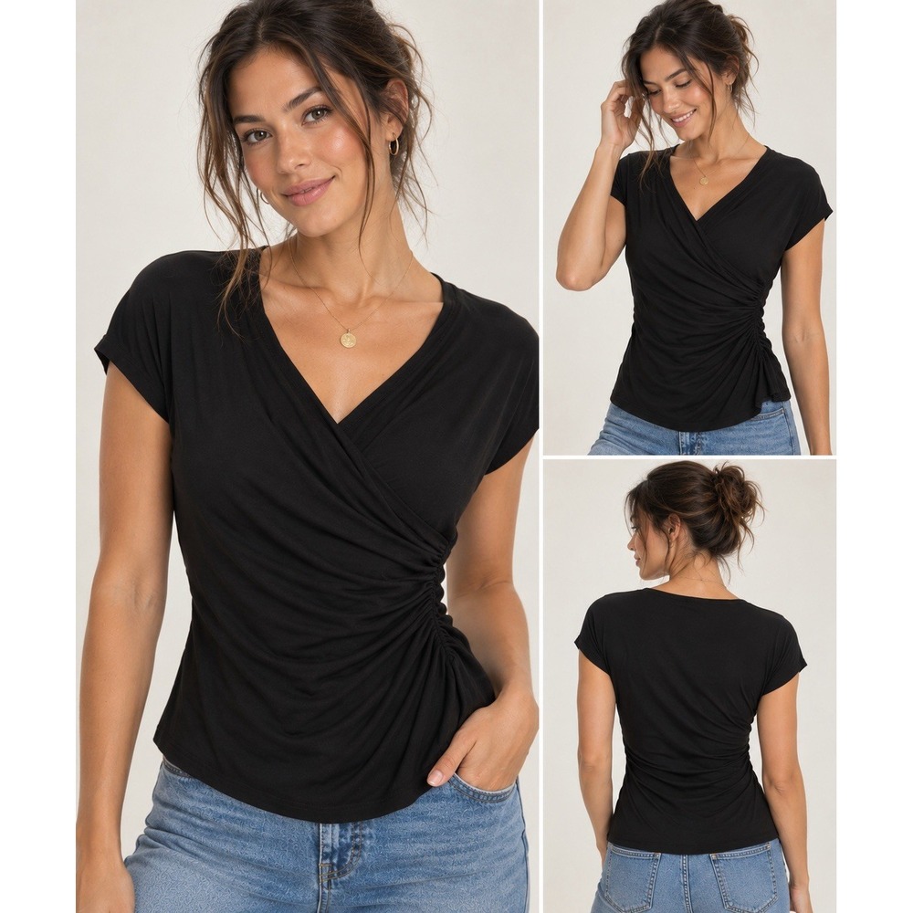 OGL Women's Medium Black Faux Wrap Surplice Ruched Draped Short Sleeve Top
